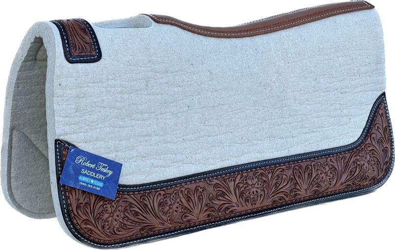Robert Teskey Wither Cut Out Contoured Felt Saddle Pad with Build In Shims and Full Tooled Wear Leathers 1- inch Thickness Off White 1224