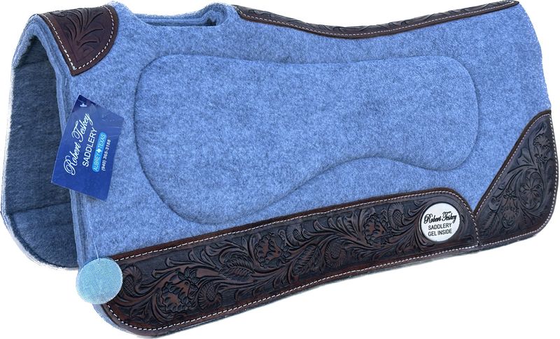 RT Moisture Wicking Felt Gel Pad with Wither Cut Out Contoured 1- inch Thickness with Full Tooled Wear Leathers in Light Grey Melange 1224