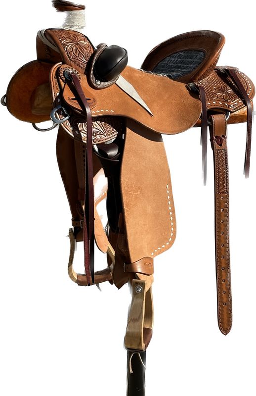 Robert Teskey Elite Wade Roping Horse Saddle with a 16- inch Pattern Inlay &amp; Rough Out Seat Combination in Chestnut Finish with Buck Stitch Detail 271224