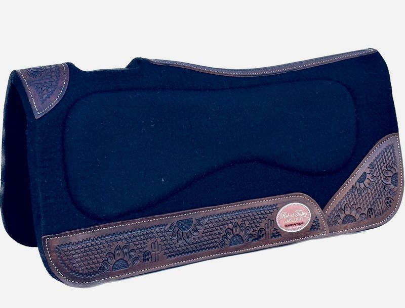 Robert Teskey Moisture Wicking Felt Pad Contoured 1- inch Thickness with Brown Floral,Cactus &amp; Basket Weave Tooled Wear Leathers in Black 1024