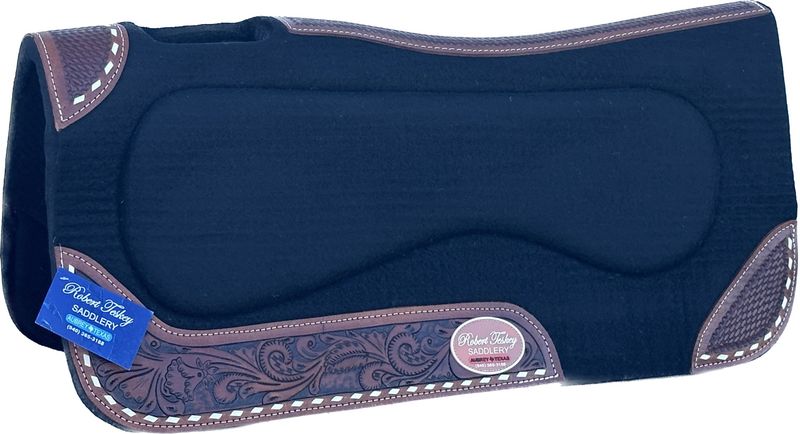 Robert Teskey Moisture Wicking Felt Pad Contoured 1- inch Thickness with Tan Buck Stitched Wear Leathers Full Tooled Floral &amp; Basket Weave Black 1024