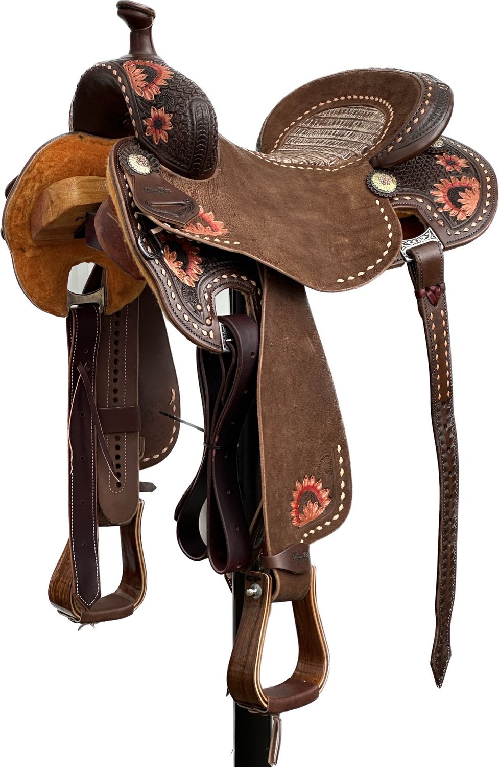 Robert Teskey Elite Cow Horse Saddle with a 15- inch Inlay Pattern &amp; Rough Out Seat Combination in Chocolate Finish &amp; Artisan Painted Detail,Tan Buck Stitch and Jeremiah Watt Hardware