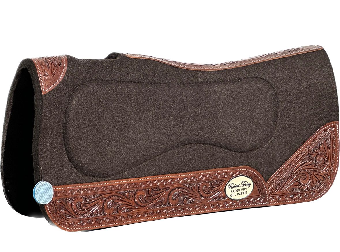 RT Moisture Wicking Felt Gel Pad with Wither Cut Out Contoured 1- inch Thickness with Full Tooled Wear Leathers in Brown Scrl. 030125