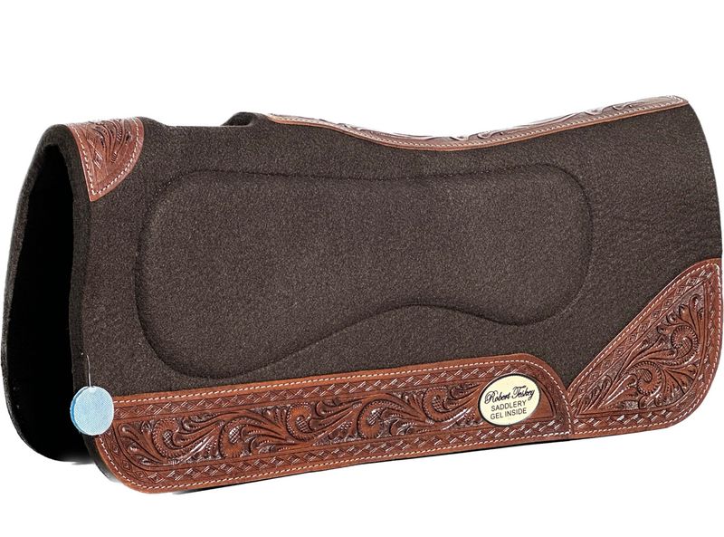 RT Moisture Wicking Felt Gel Pad with Wither Cut Out Contoured 1- inch Thickness with Full Tooled Wear Leathers in Brown Scrl. 030125