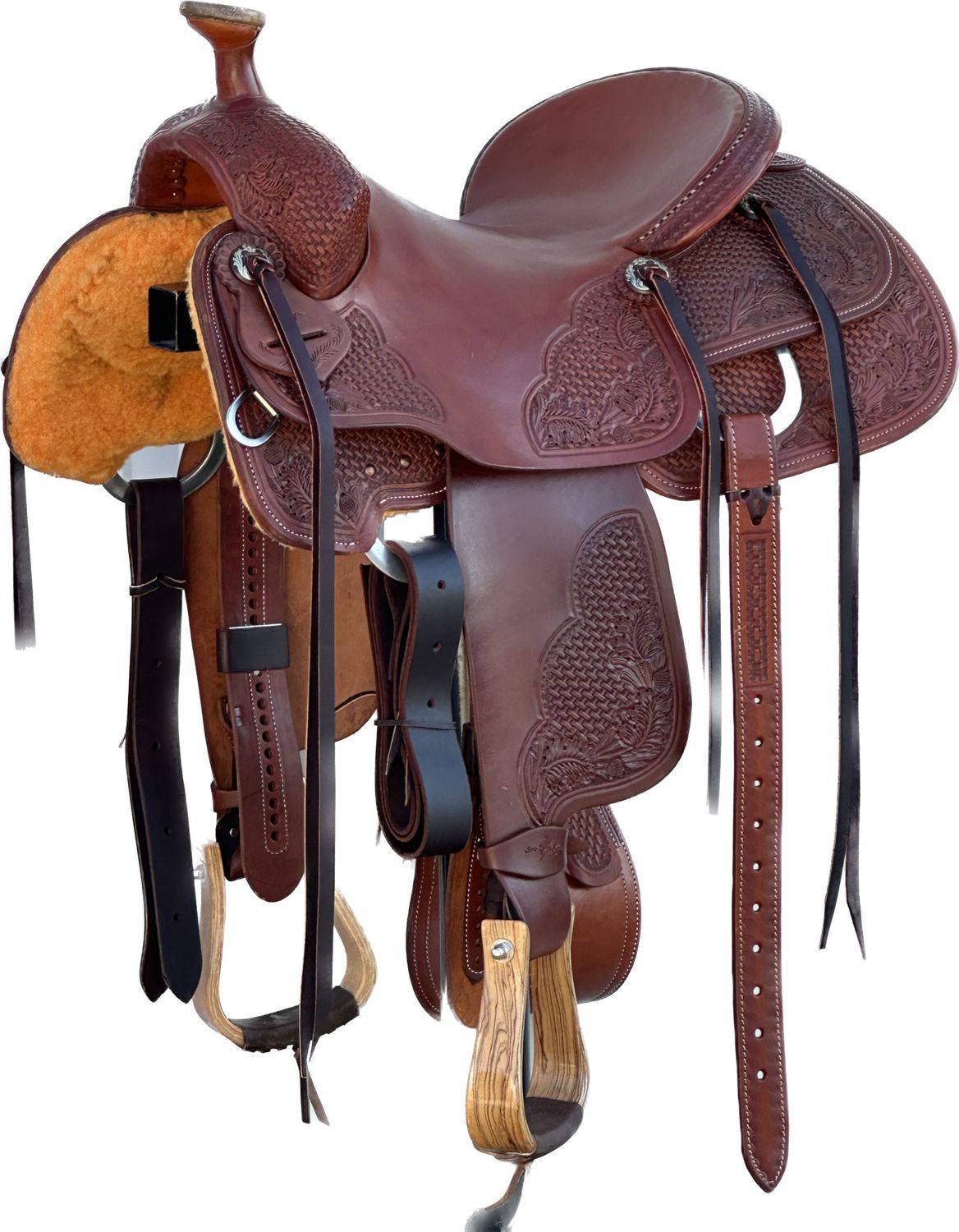 Stuart Rybak Ranch Roping Saddle with a 15 1/2- inch Slick Out Seat in Medium Finish Chestnut  030125