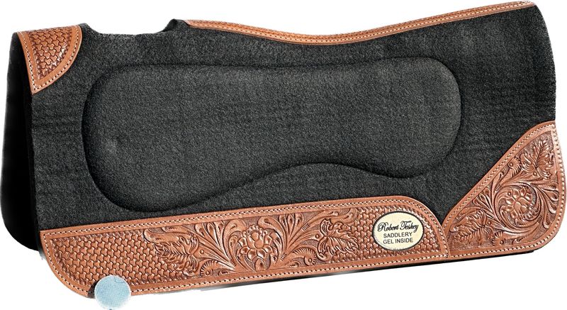 Robert Teskey Moisture Wicking Gel Felt Pad Contoured 1- inch Thickness with Full Tooled Medium Oil Floral &amp; Weave Tooled Wear Leathers in Black 010626