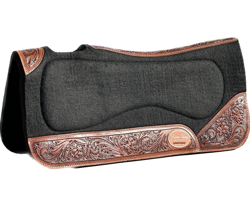 Robert Teskey Moisture Wicking Felt Pad Contoured 1- inch Thickness with Full Tooled Medium Oil Scroll &amp; Blossom Wear Leathers in Black 010626