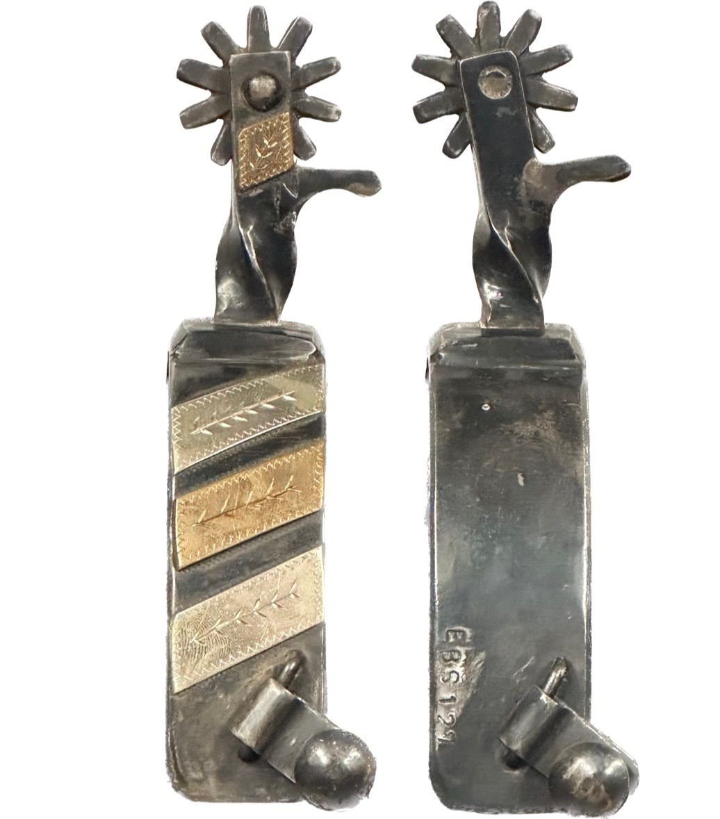 EBS 127 Men’s Western Spurs with a 1” Width Band Antiqued Steel with Gold and Silver Bar Trim on Band &amp; Twisted Shank with Gold Bar Trim and 10 Point Rowels