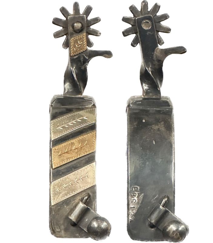 EBS 127 Men’s Western Spurs with a 1” Width Band Antiqued Steel with Gold and Silver Bar Trim on Band &amp; Twisted Shank with Gold Bar Trim and 10 Point Rowels