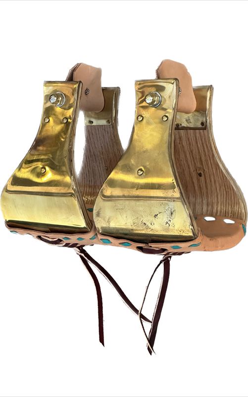 Monel Stirrups Brass Finish with Turquoise Buck Stitch Leather Wrapped Treads available in two Tread Widths