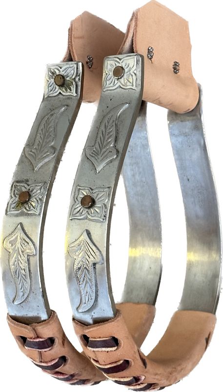 Stainless Oxbow Stirrups 1- inch Width with Floral Trim and Leather Wrapped Treads