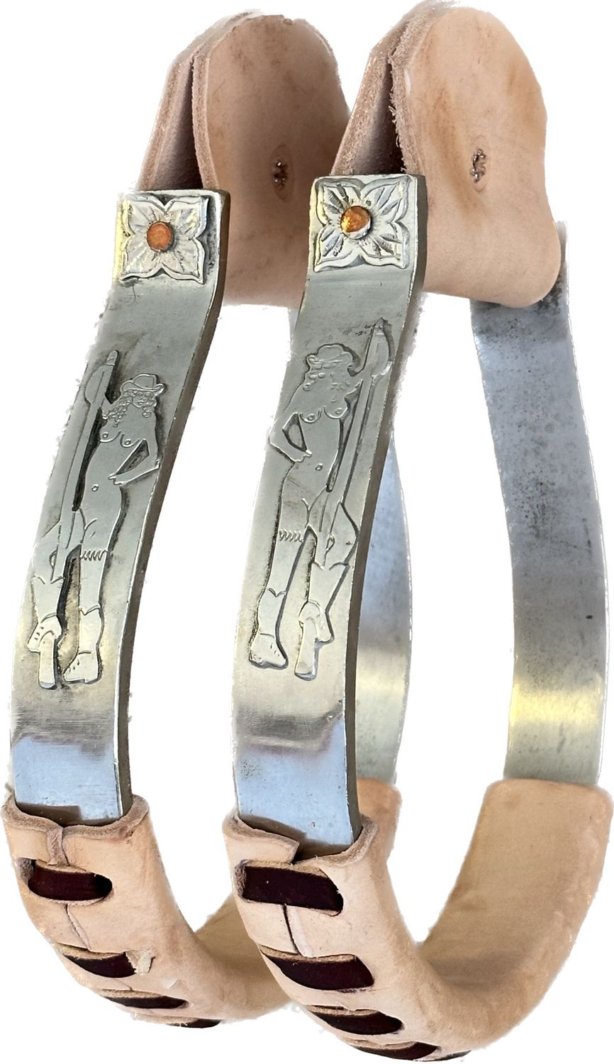 Stainless Oxbow Stirrups 1- inch Width with Figure Trim and Leather Wrapped Treads