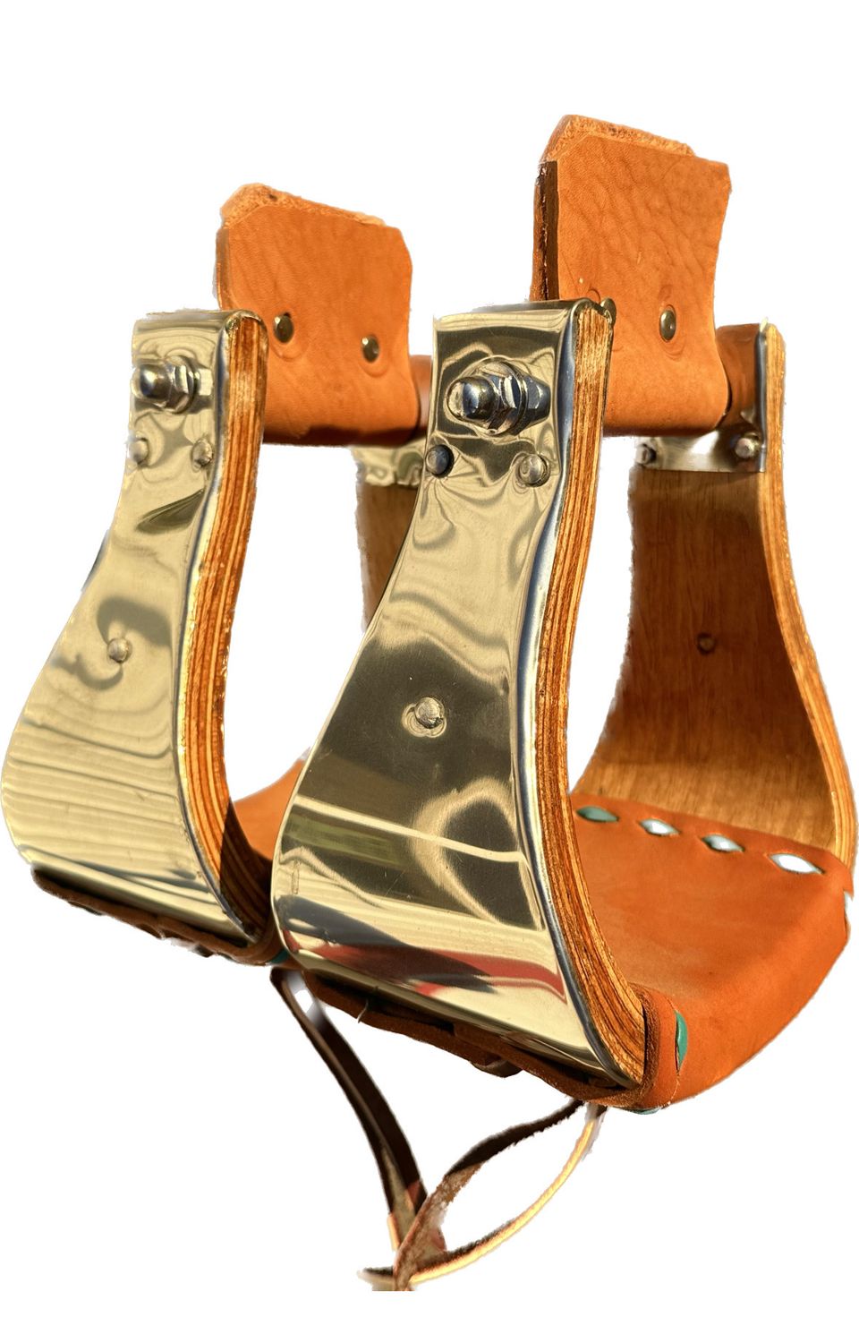 Monel Stirrups Stainless Steel Finish with Turquoise Buck Stitch Leather Wrapped Treads