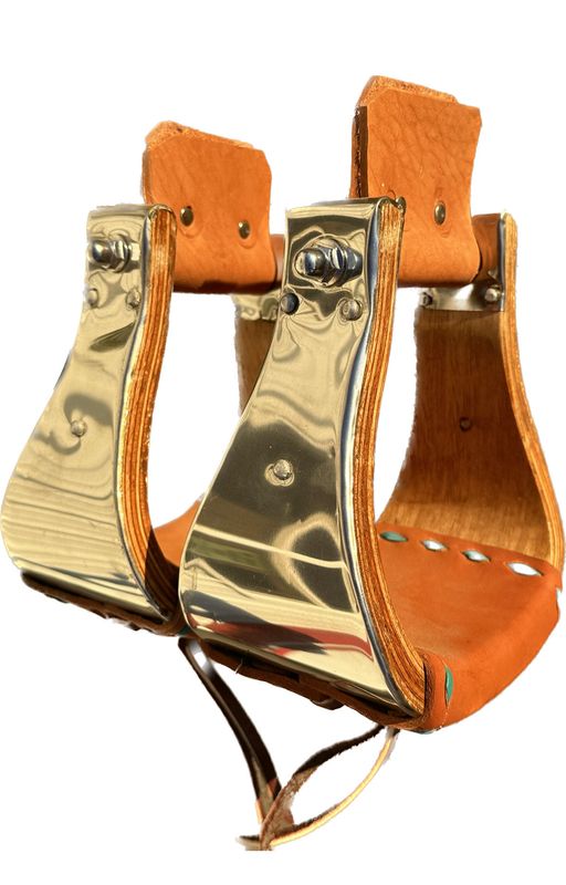 Monel Stirrups Stainless Steel Finish with Turquoise Buck Stitch Leather Wrapped Treads