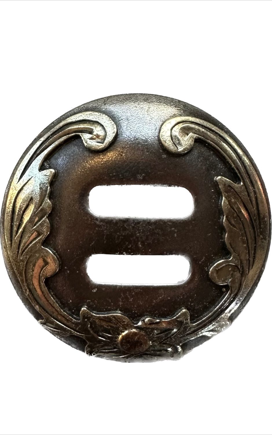 Slotted Concho Gun Metal Grey with Floral German Sliver Trim One Copper Dot Blossom on Bottom Double Vine &amp; Scroll