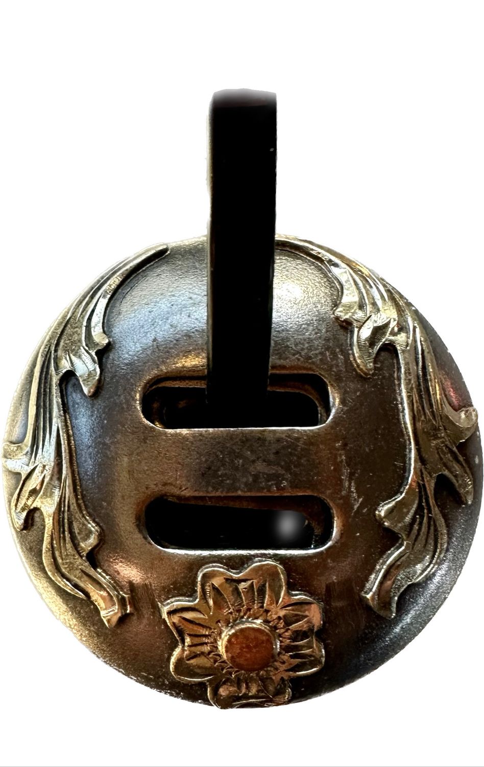 Set of 6 Slotted Conchos in Gun Metal Grey with German Silver Trim One Copper Blossom &amp; Double Vine