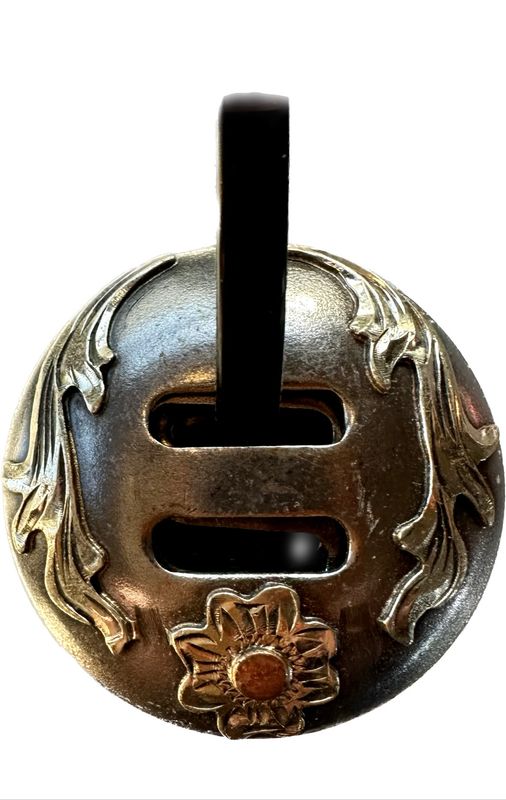 Set of 6 Slotted Conchos in Gun Metal Grey with German Silver Trim One Copper Blossom &amp; Double Vine
