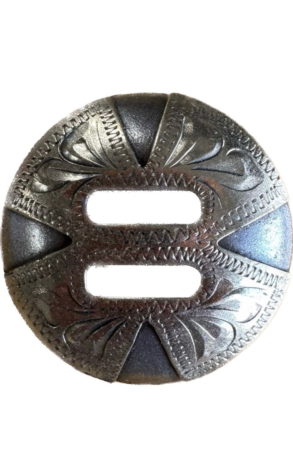 Slotted Concho in Gun Metal Grey with German Silver Trim Four Petals Edge to Edge