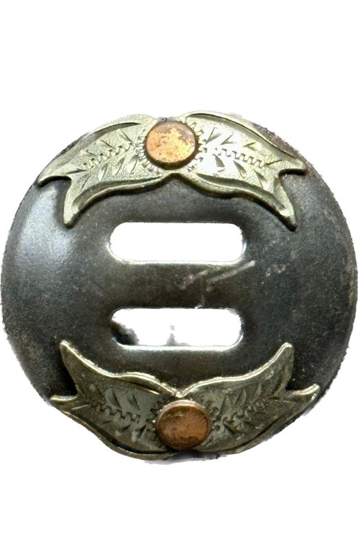 Slotted Concho in Gun Metal Grey with German Silver Trim Two Copper Dot Flowers with Foliage