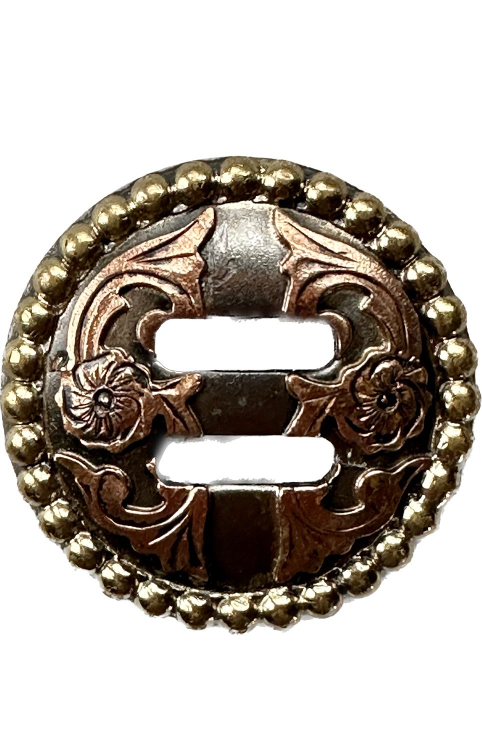 Slotted Concho in Gun Metal Grey with Gold Tone Border Dots and Two Copper Tone Blossoms with Foliage