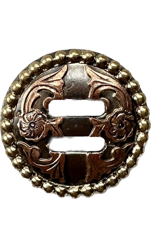 Slotted Concho in Gun Metal Grey with Gold Tone Border Dots and Two Copper Tone Blossoms with Foliage