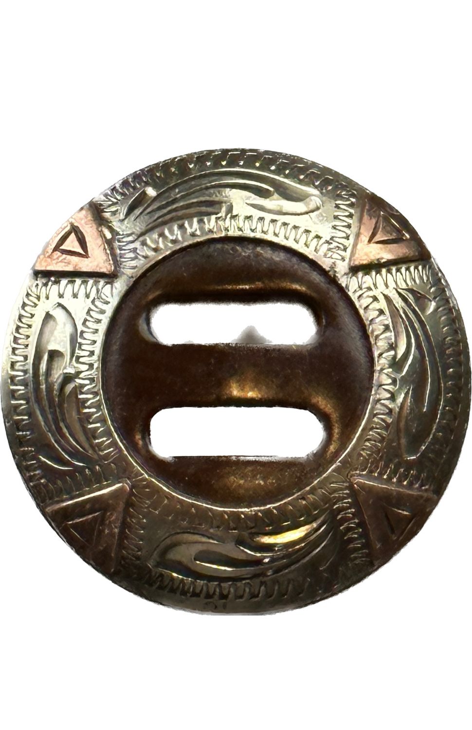 Slotted Concho in Rust Brown with German Silver Trim Ring with Copper Triangles