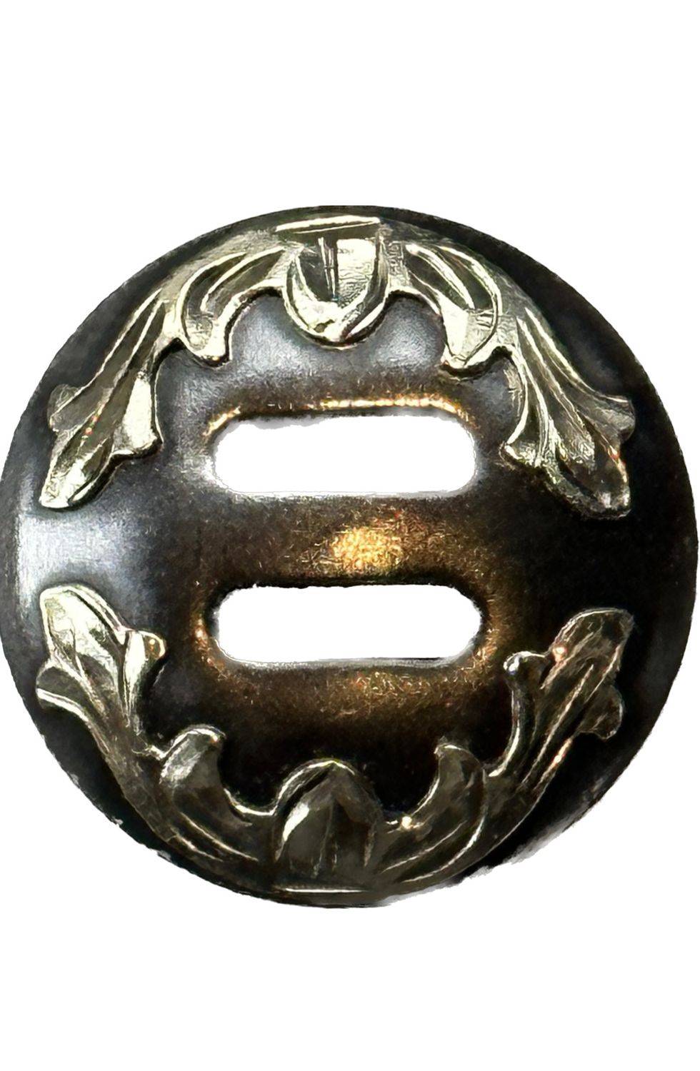 Slotted Concho in Gun Metal Grey with German Silver Trim Vine Foliage