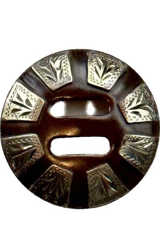 Slotted Concho In Rust Brown with German Silver Trim Eight Foliage Engraved Bars