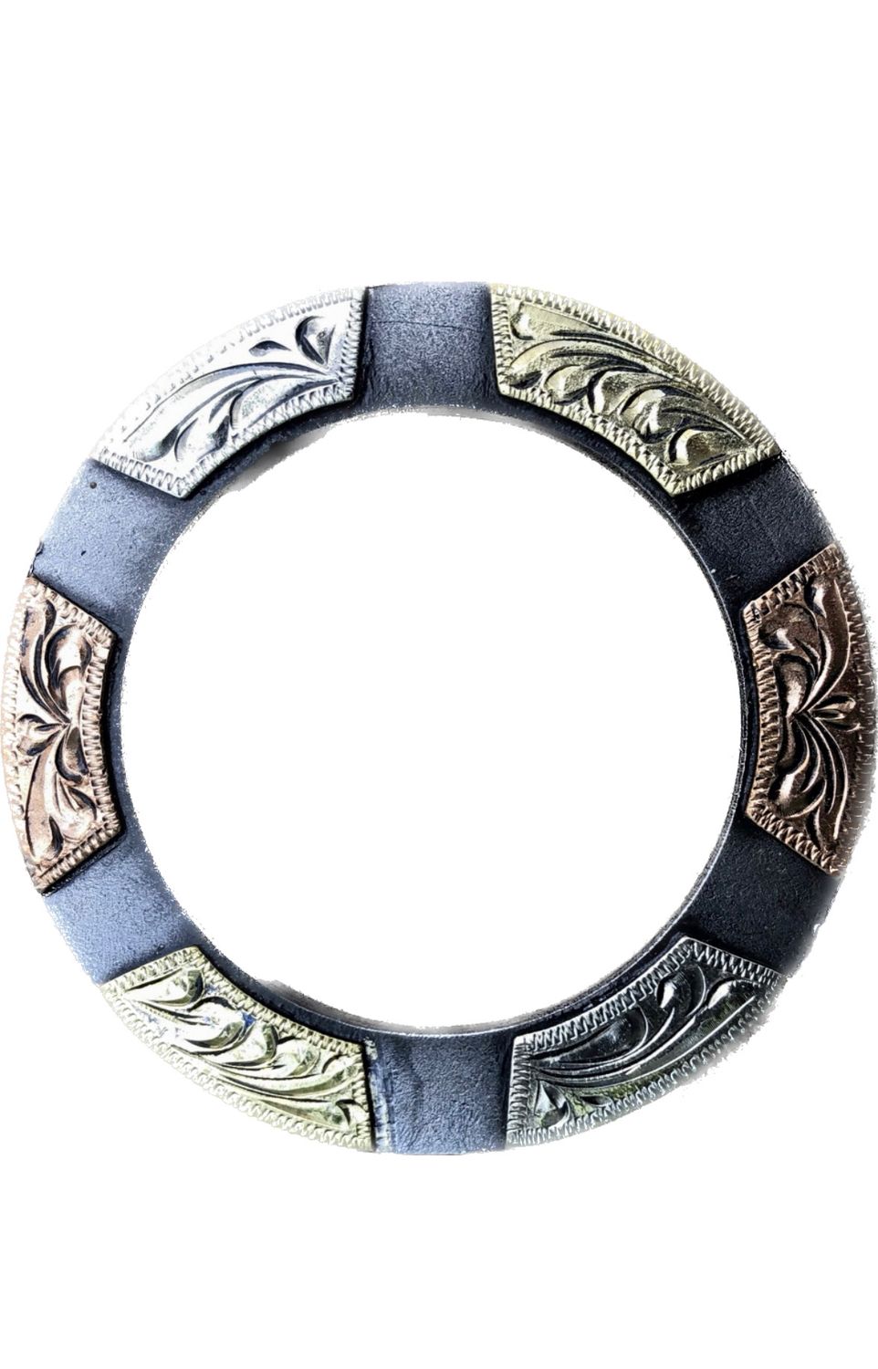Saddle Ring in Gun Metal Grey with Trim Engraved Blocks in GS, Copper and Gold Tone