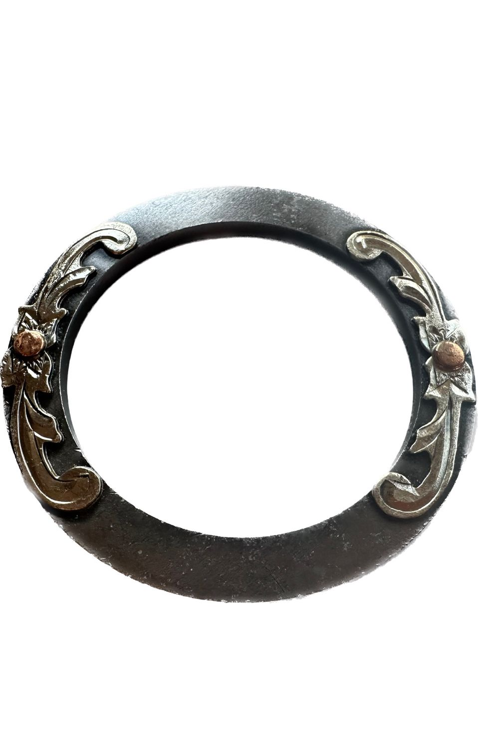 Saddle Ring in Gun Metal Grey with German Silver Trim Two Copper Dot Blossoms with Foliage