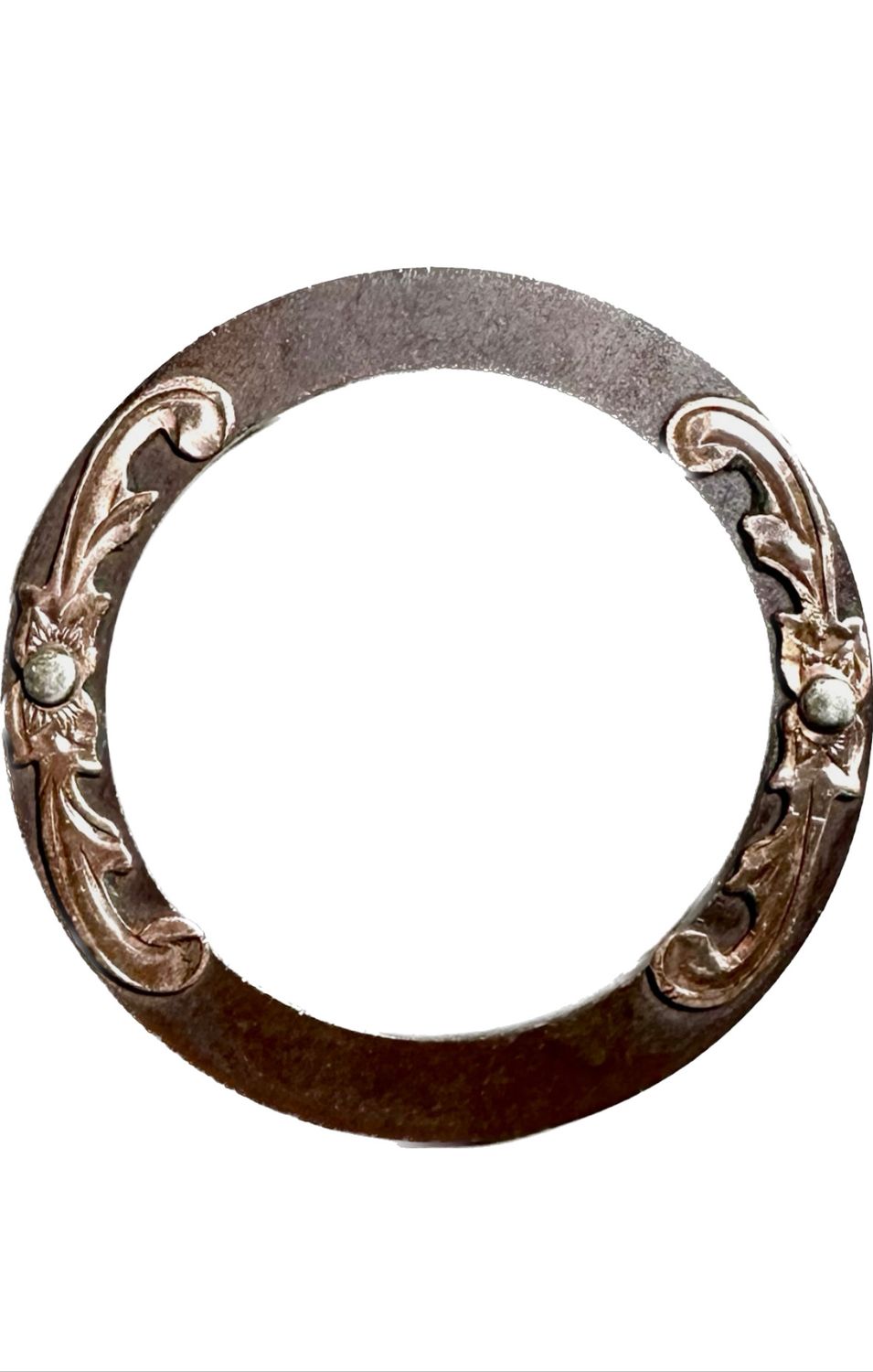 Saddle Ring in Rust Brown with Engraved Copper Leaves and Flower