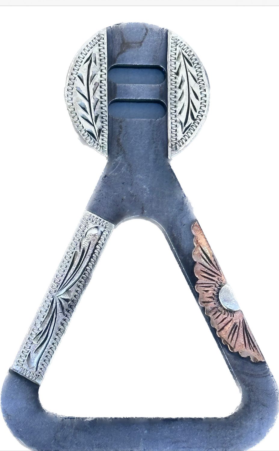 Saddle Keeper in Gun Metal Grey with German Silver &amp; Copper Trim Floral &amp; Bars 012425