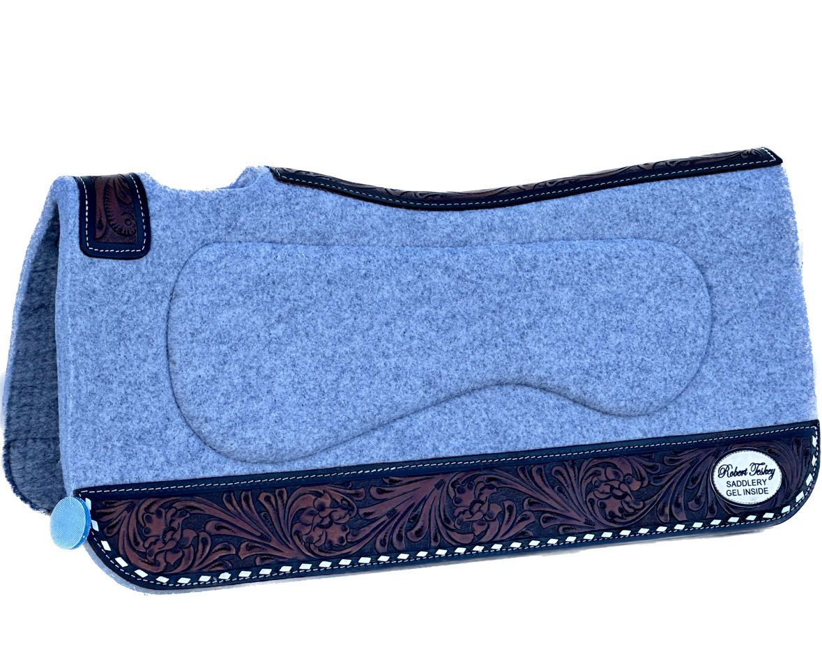 RT Gel Felt Pad with Fully Foliage &amp; Blossom Tooled and Black Bordered, White Buck Stitched Wear Leathers in Light Grey 1- inch Thickness 012325