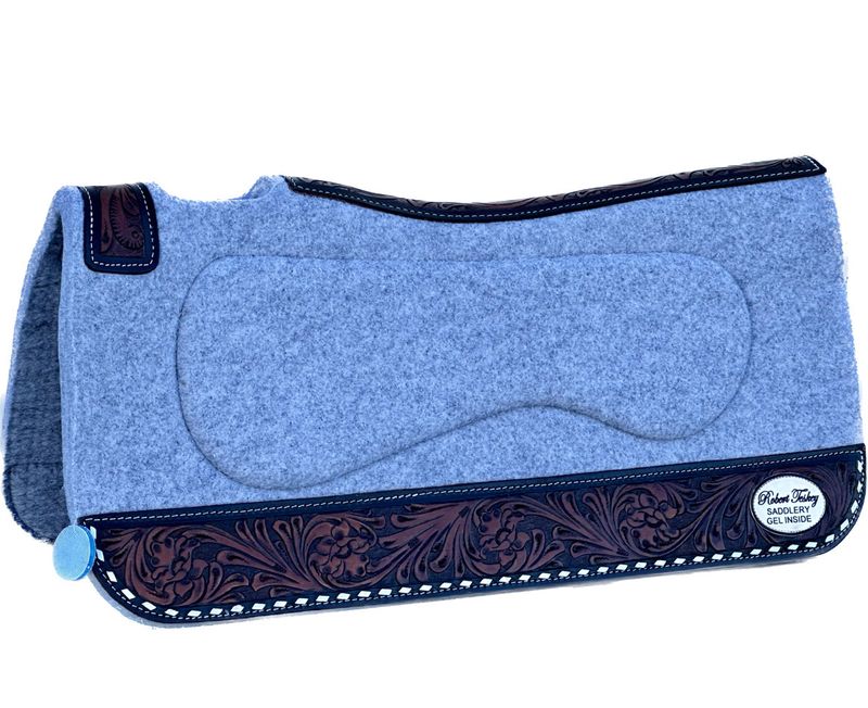 RT Gel Felt Pad with Fully Foliage &amp; Blossom Tooled and Black Bordered, White Buck Stitched Wear Leathers in Light Grey 1- inch Thickness 012325