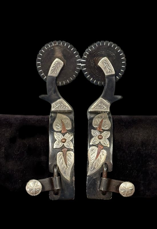 Men’s Western Spur with German Silver Trim Bars &amp; Floral in Gun Metal Grey with Curved Shanks and Large Point Rowel