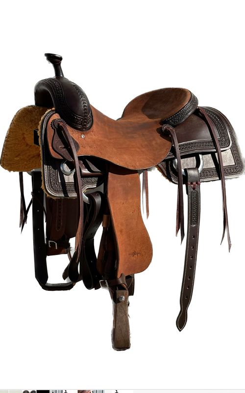 Stuart Ryback Cow Horse Saddle with s 16 1/2- inch Rough Out Seat in Dark Oil Finish with Blossom Border 012425