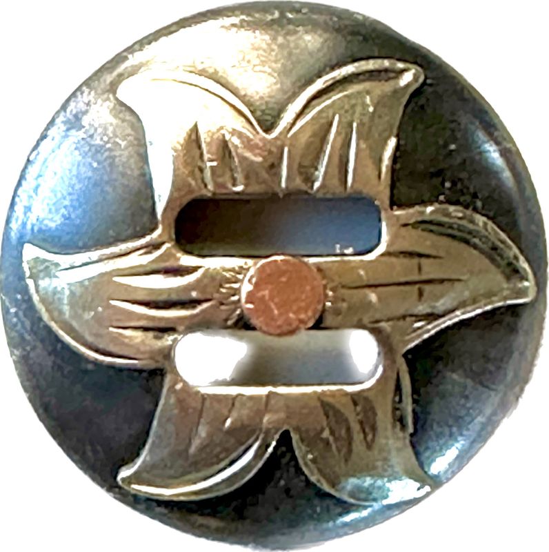 Slotted Concho in Gun Metal Grey with German Silver Trim Big Flower Pointy Petals with Copper Center 012425