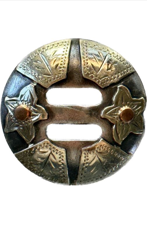Slotted Concho in Gun Metal Grey with German Silver Trim Four Bars and Two Copper Dot Flowers