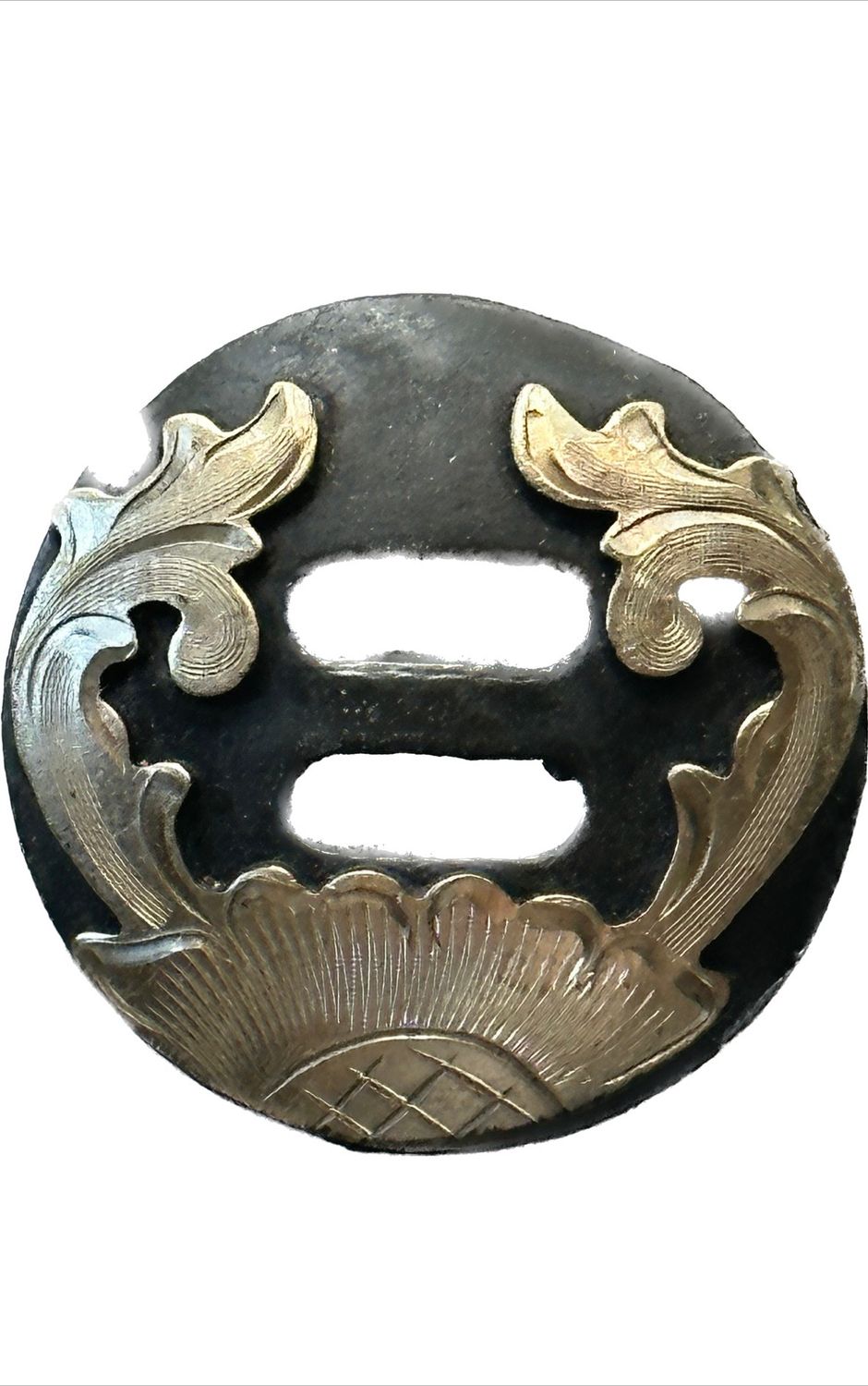 Slotted Concho in Antique Grey with German Silver Trim Half Sunflower with Foliage 012425