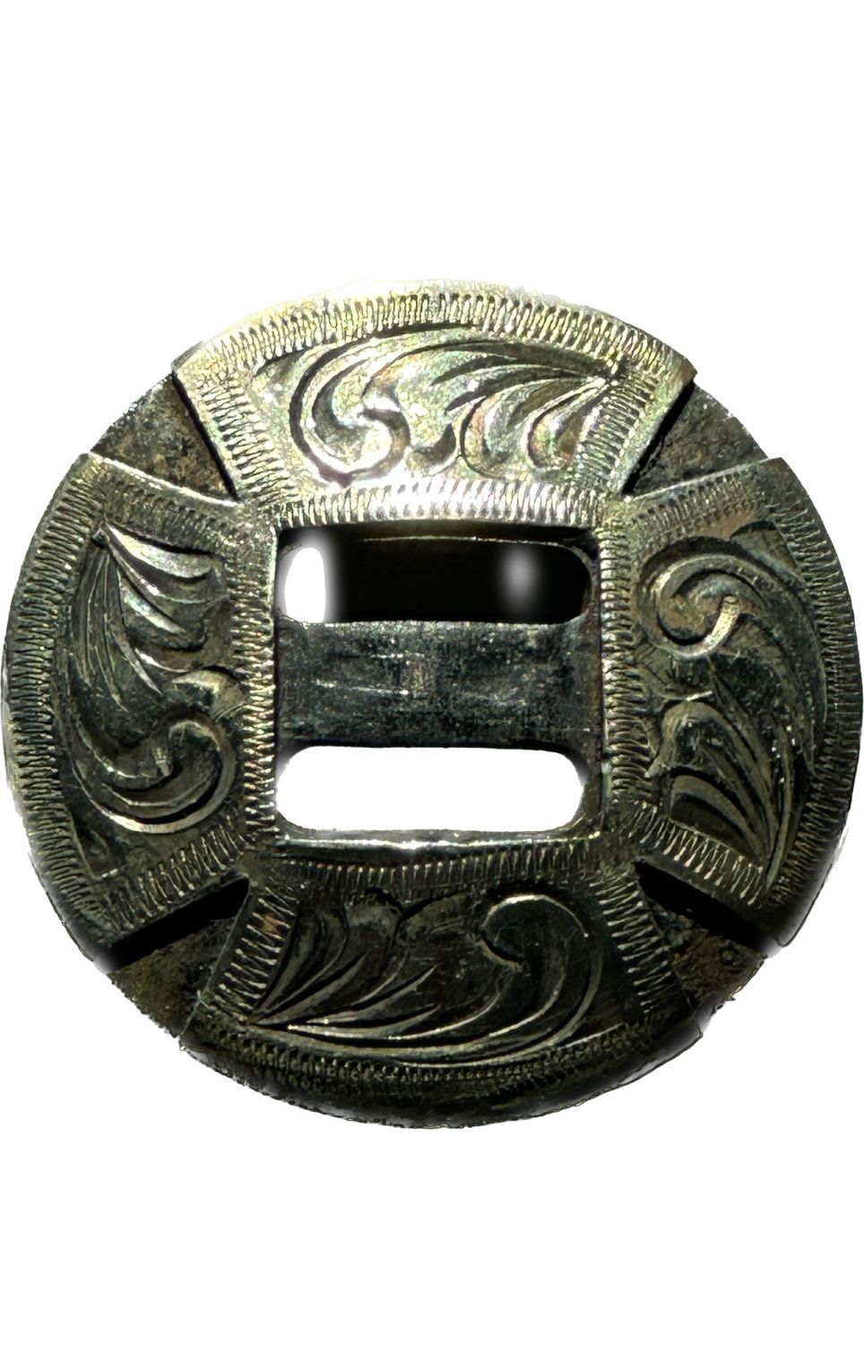 Slotted Concho in Antique Grey with German Silver Trim Four Bars 012425