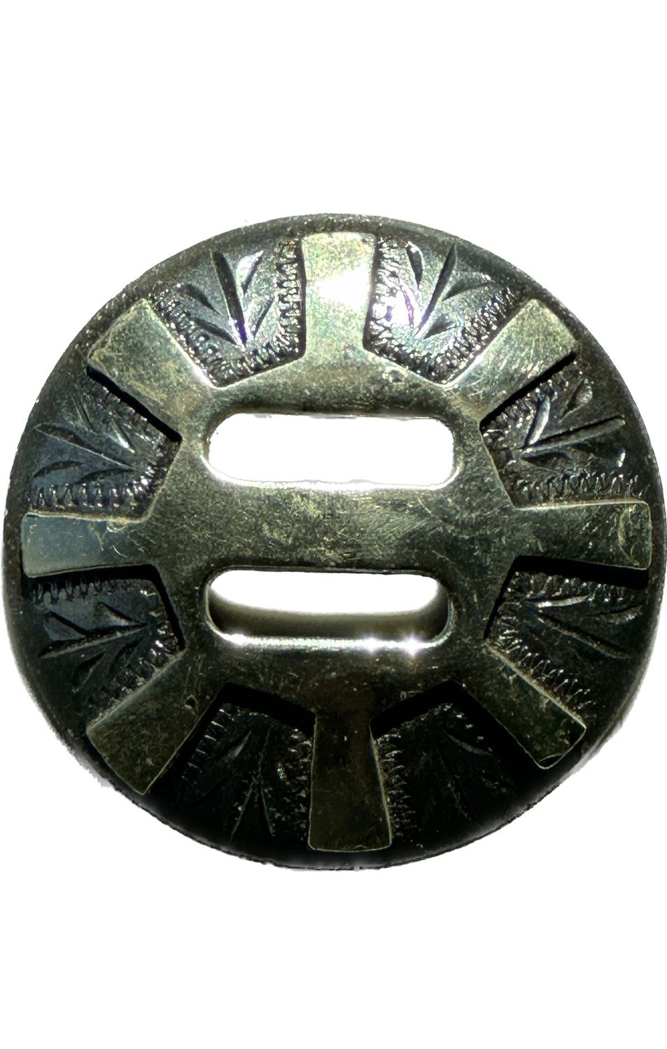 Slotted Concho in Gun Metal Grey with German Silver Trim Eight Point Wheel 012425