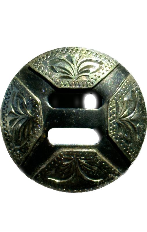 Slotted Concho in Gun Metal Grey with German Silver Trim Flour Floral Engraved Bars 012425