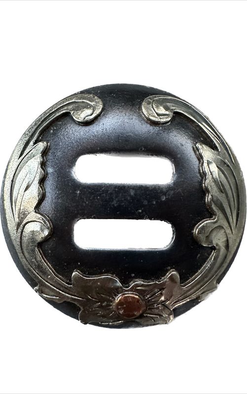 Slotted Concho in Gun Metal Grey with German Silver Trim Open Wreath Circle with One Copper Dot Blossom 012425