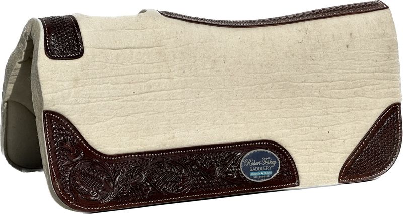 Robert Teskey Felt Pad with Fully Basket Weave with Floral Tooled Wear Leathers in Dark Oil Finish in Sand 012525