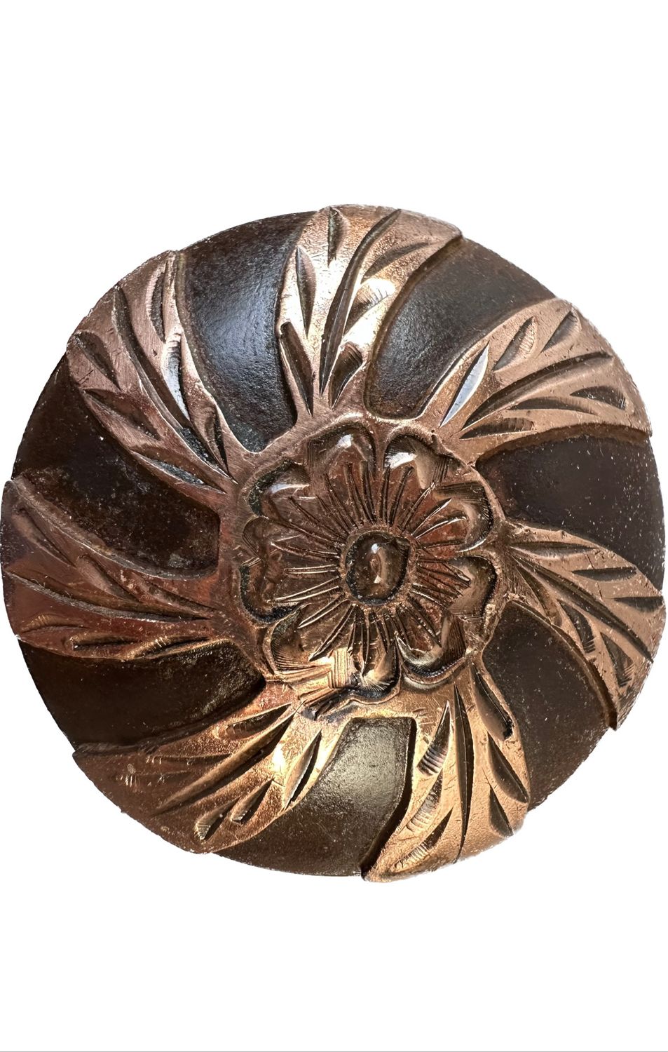 Chicago Style Concho in Rust Brown with Copper Trim Central Blossom with Swirly Leaves