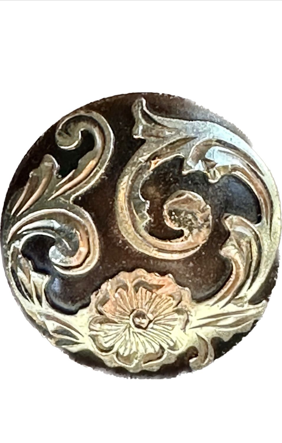 Chicago Style Concho in Rust Brown with German Silver Trim Swirly Wreath with One Blossom 012725