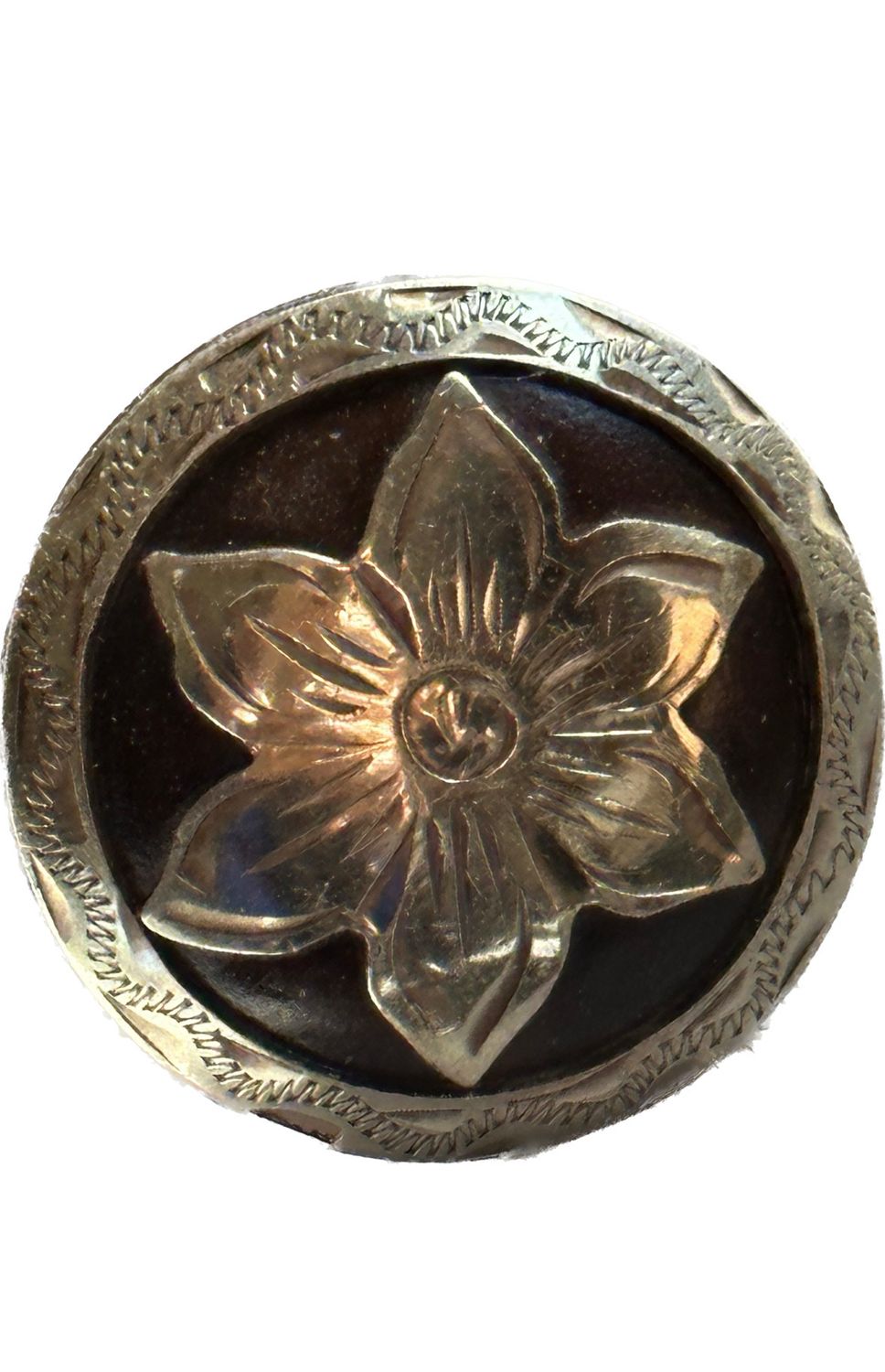 Chicago Style Concho in Rust Brown with German Silver Trim Single Six Petal Blossom inside Border Band 012725