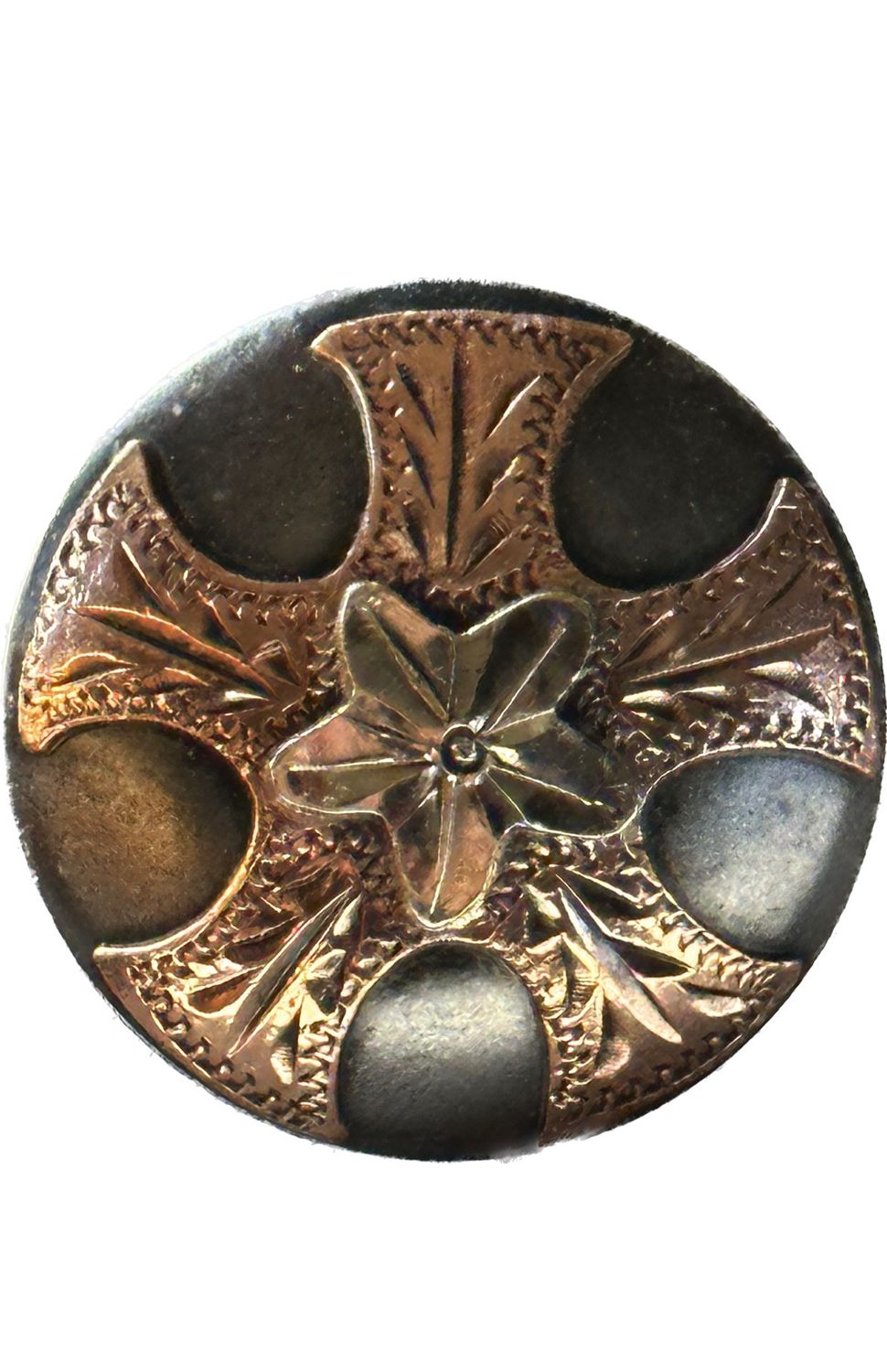 Chicago Style Concho in Gun Metal Grey with German Silver &amp; Copper Tone Trim Five Petal Center Blossom with Five Concave Leave Borders 012725