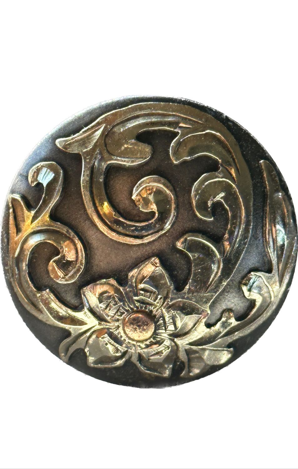 Chicago Style Concho in Gun Metal Grey with German Silver Trim Foliage Fantasy with One Five Petal Blossom 012725