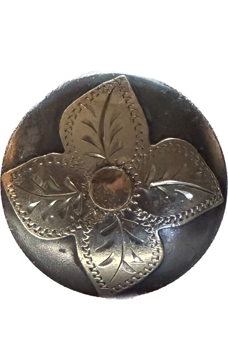 Chicago Style Concho in Gun Metal Grey with German Silver Trim One Large Copper Dot Blossom with Four Pointy Petals